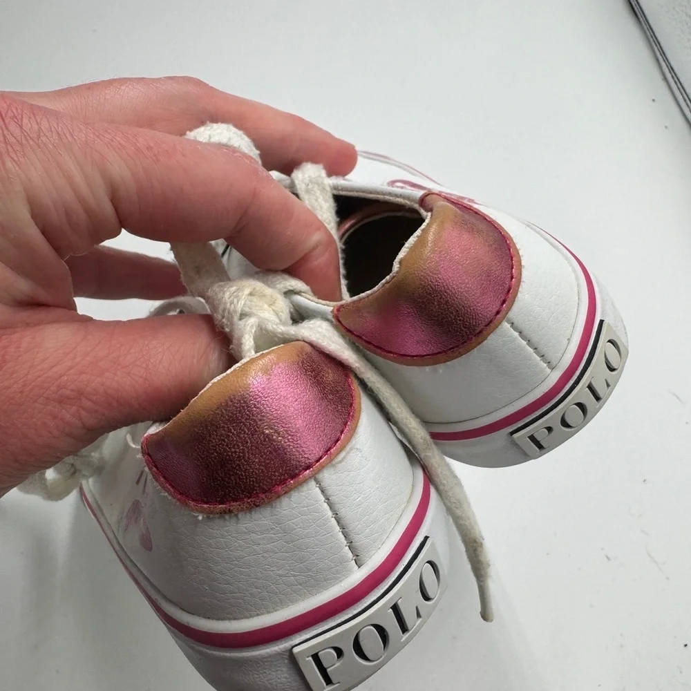 Polo by Ralph Lauren Toddler Girl Size 10 Kids White Sneakers with Pink Accents - Picture 9 of 11